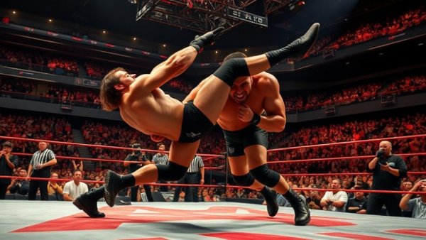 Intense wrestling match showcasing Texas wrestling growth in an energetic arena.
