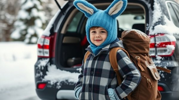 Child in blue hat beside snowy SUV during winter.