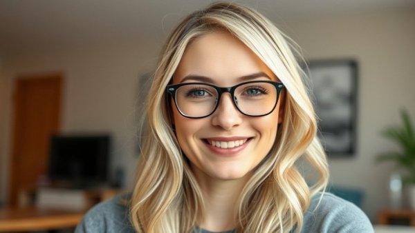 Casual portrait of a woman with glasses, serene expression, indoors.