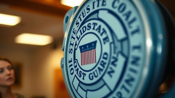 United States Coast Guard emblem and woman discussing modernization plans.