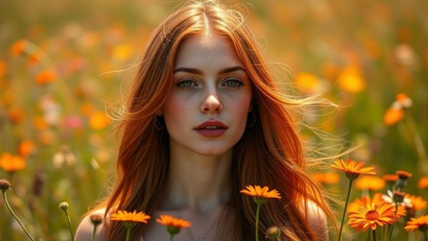 Red-haired woman in sunny field, addressing domestic violence issues.