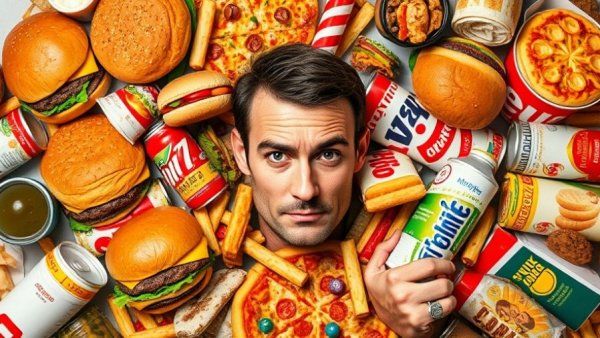 Assortment of junk food around a serious person, highlighting health and wellness.