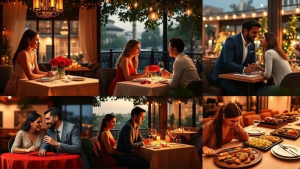 Collage showcasing romantic restaurants in Katy with couples dining.