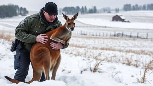 Escaped kangaroo blocks Virginia highway in snowy scene.