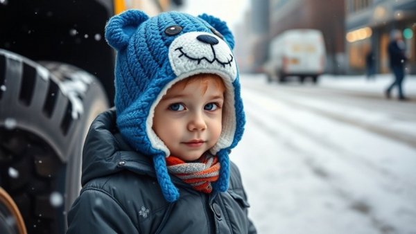 Liam Conejo Ramos child in winter clothing near vehicle, snow setting.