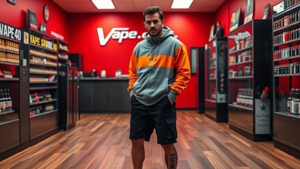 Person in gray and orange jacket inside San Antonio vape shop during robbery.