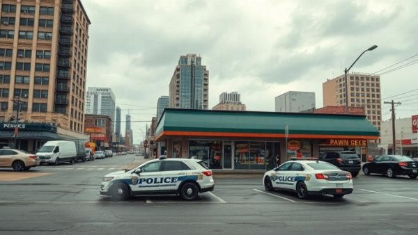 San Antonio crime reports setting with police vehicles at pawn shop.