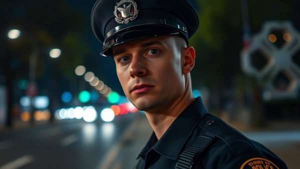 SWAT officer in Austin on duty at night, focused and authoritative.