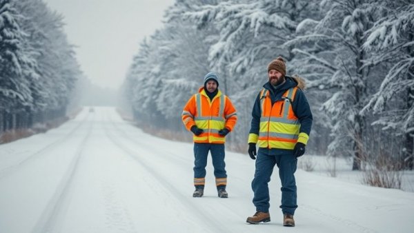 Workers inspect snowy road during winter storm impact in Carolinas.