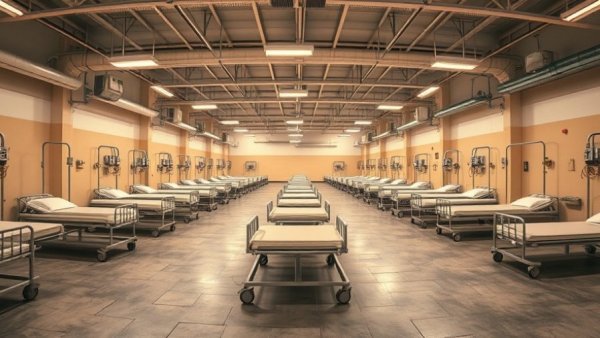 Empty North Texas warming center with rows of cots.