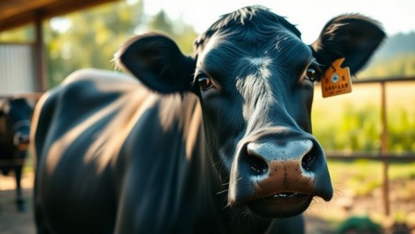 Black cow with ear tag in Texas farm setting.