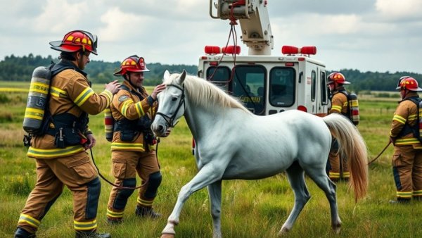 Conroe firefighters involved in rescuing an elderly horse using crane.