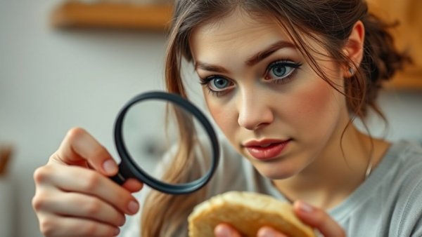 Young woman reducing sodium intake by inspecting bread.