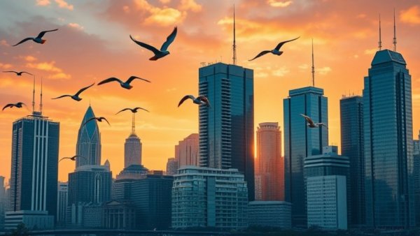 Dallas real estate market skyline at sunset with flying birds.