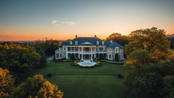 Luxury mansion in lush greenery at sunset, highlighting Houston's real estate market.
