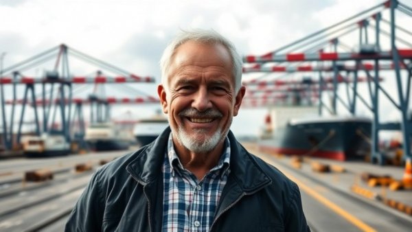 Port growth in Galveston: Smiling man at ship dock.