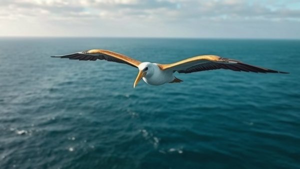 Waved albatross soaring over the ocean near California.
