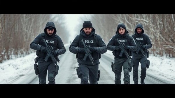 ICE officers in tactical gear detaining individuals, overcast day