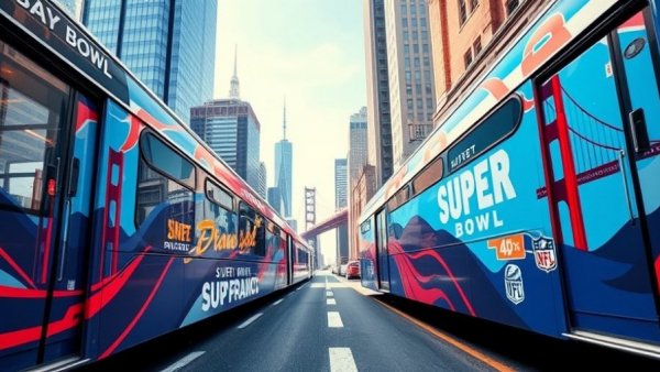 Super Bowl 2026 branding on San Francisco bus with iconic bridge.