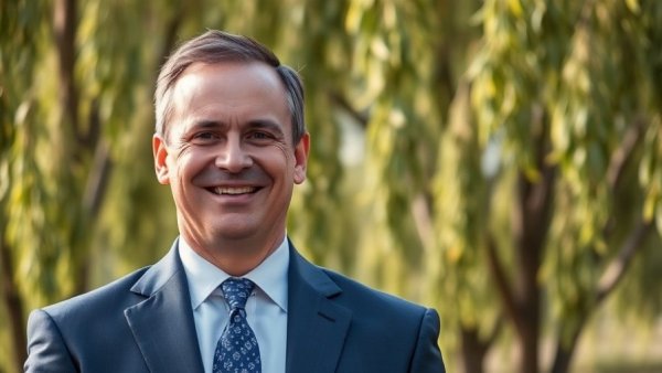 Confident man in a suit smiling against lush greenery backdrop.