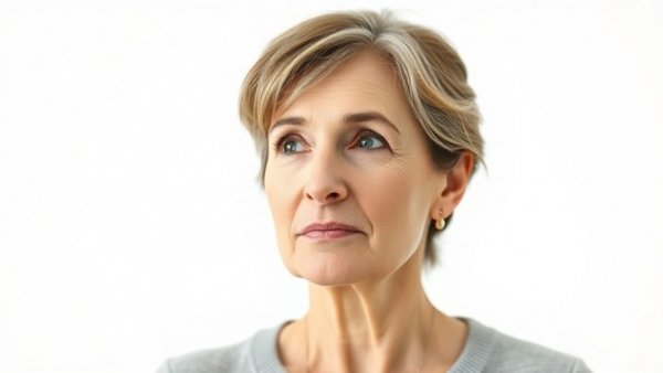 Middle-aged woman sharing mental health tips, contemplative expression.