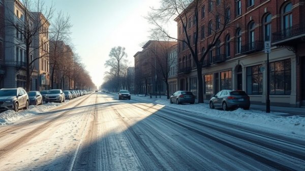 Deserted icy road in Upstate South Carolina with snow and parked cars.