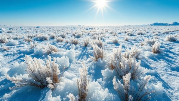 Ice-covered field under bright sun during East Coast winter weather.