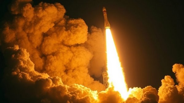 Powerful rocket launch at night with bright flames, Artemis NASA program women leadership.