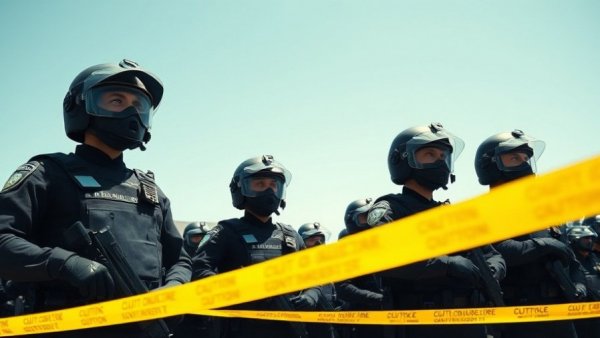 Riot police stand in formation at Dilley detention center amid measles outbreak.