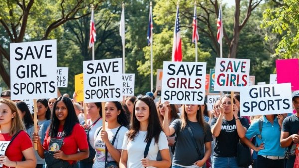 California protesters with 'Save Girls Sports' signs, daylight.