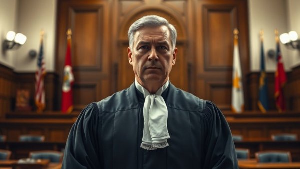 Serious judge in court with solemn expression, DOJ misconduct complaint context.