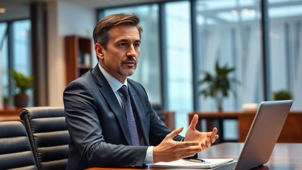 Businessman responding in office meeting during Minnesota fraud investigation.