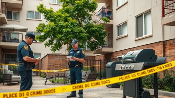 San Antonio crime reports scene outside apartment with officer and caution tape.