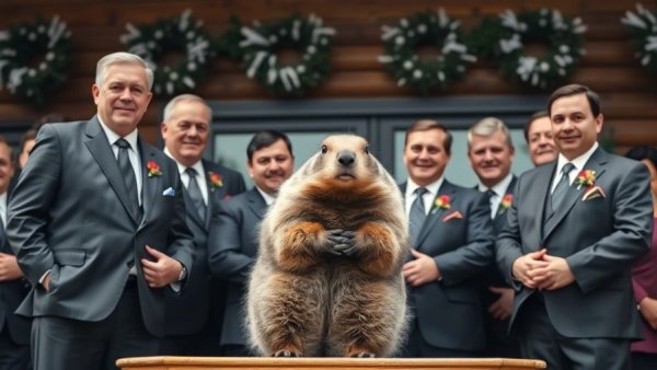 Punxsutawney Phil Groundhog Day Prediction ceremony with formal-dressed men.