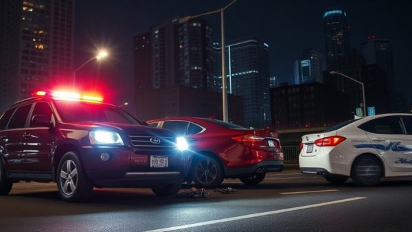 Midtown Houston crash scene with three vehicles and city backdrop.
