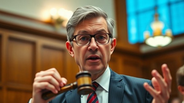 Caucasian man with gavel in courtroom discussing transgender athletes inclusion in women's sports.