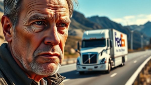 English proficiency standards for truck drivers depicted with a thoughtful man and a FedEx truck.