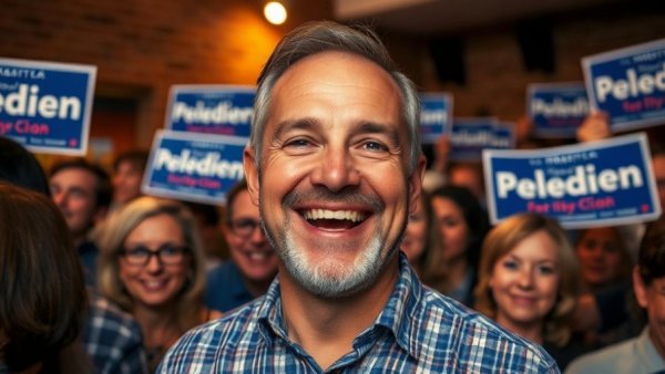 Smiling man at Texas political event with campaign signs.