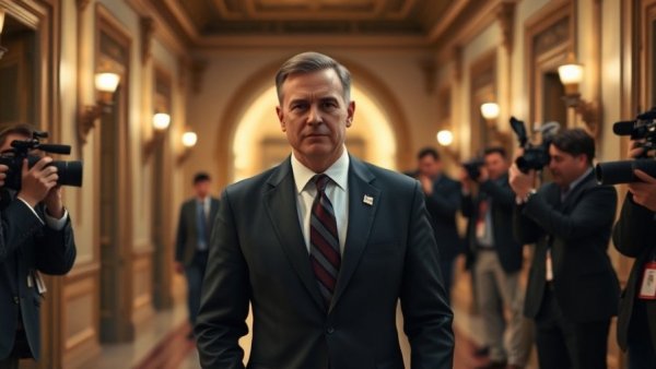 Man in suit surrounded by reporters covering government shutdown news.