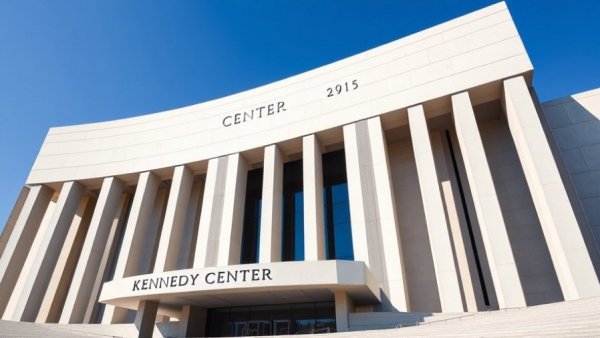 Trump Kennedy Center renovation facade with columns and text.