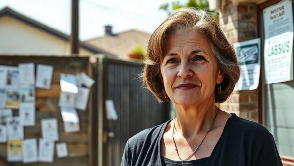 Woman in San Antonio neighborhood with notices on wall