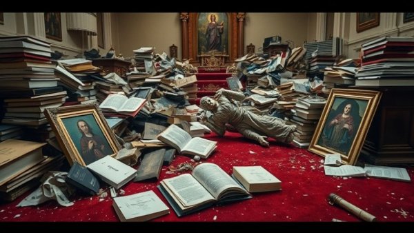 Vandalized religious room with scattered items amid DOJ investigation.