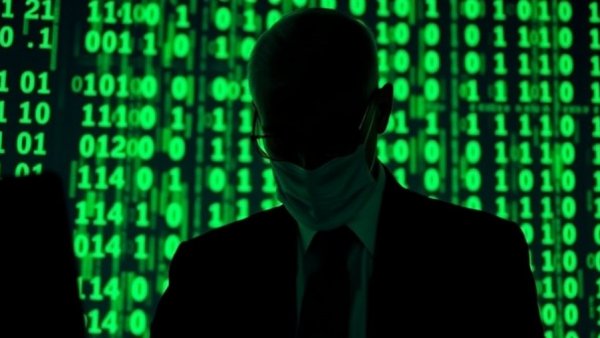 Quantum Science Advancements Cyber Threats: hacker silhouette and serious man.