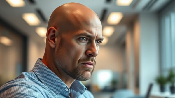Serious bald man discussing government intervention in housing indoors, soft lighting.
