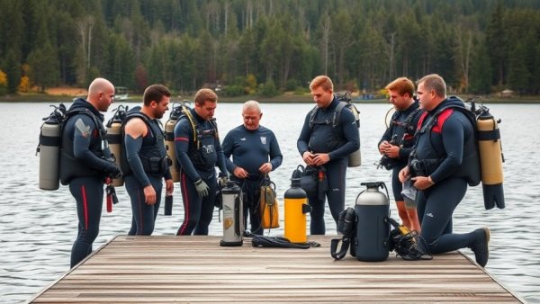 Scuba divers on dock discussing equipment for Dallas news today