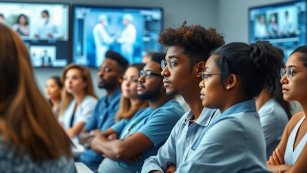 AI healthcare education with students engaging in a digital classroom.