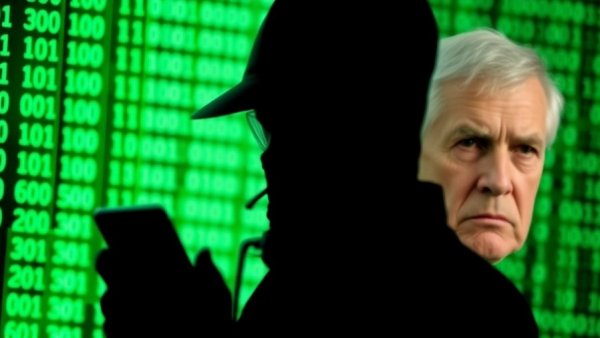 Quantum science cybersecurity concept showing binary code and concerned individual.