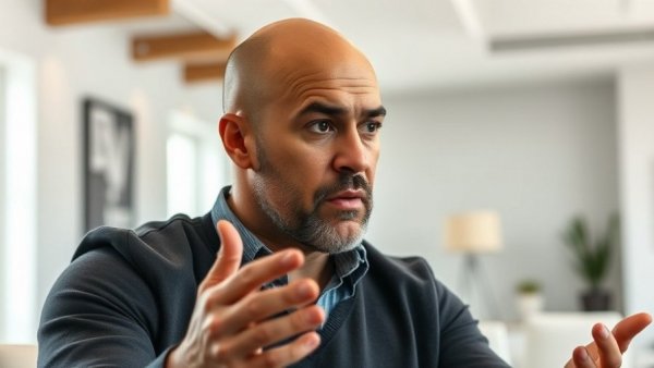 Serious bald man discussing policies indoors, government intervention in housing market context.