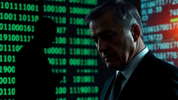 Quantum science advancements combating cyberthreats visualized with binary code and a serious official.