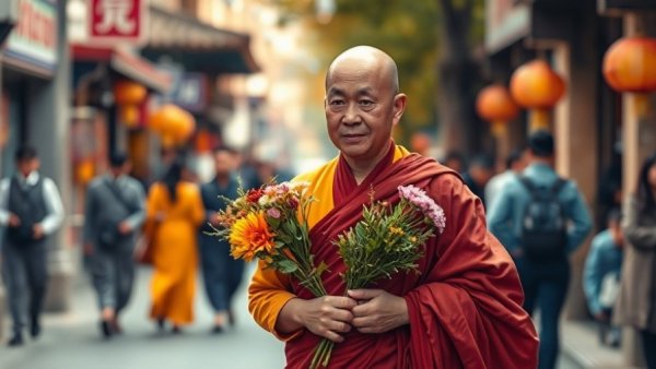 Buddhist monk holding flowers during peace walk in vibrant street setting.